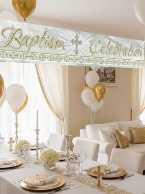 12ft Gold Foil Baptism Celebration Banner Radiant Cross Christening Party Decor